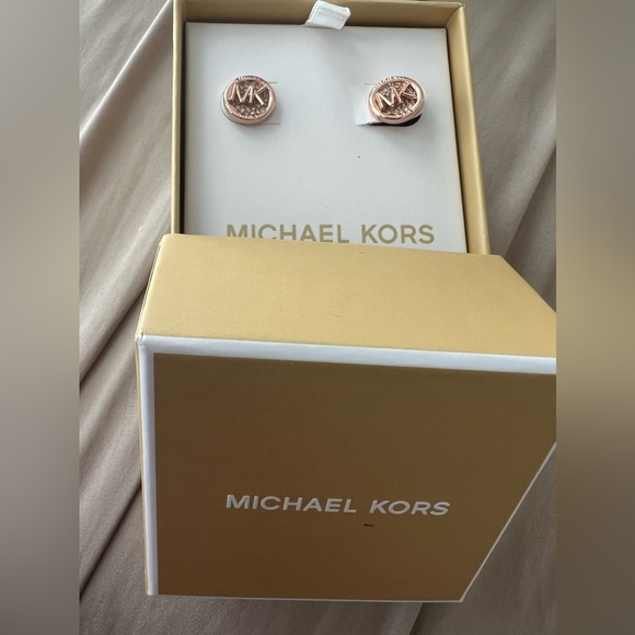 Michael Kors Rose Goldtone MK Stud Earrings NWT - Picture 2 of 2